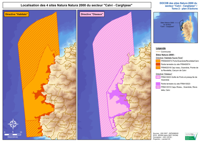 Localisation des 4 sites Natura 2000 du secteur « Calvi - Carghjese (UAC, 2019)