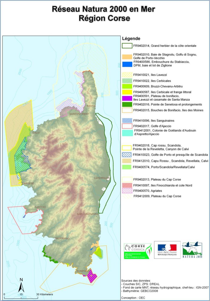 Carte des sites, établis par les directives « Habitats » et « Oiseaux », du réseau Natura 2000 en mer en Corse