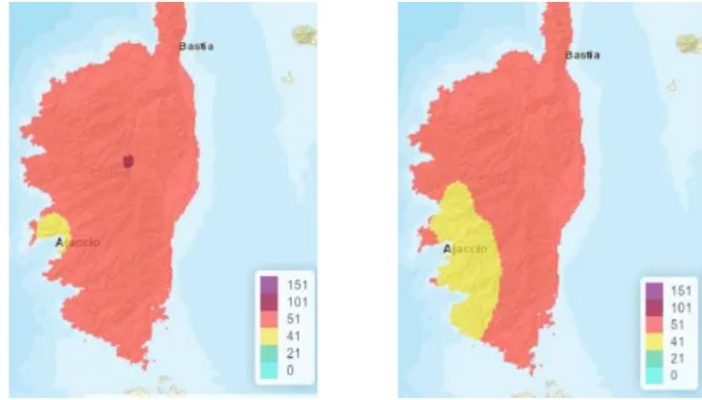 La Corse en rouge, avec un seuil d’alerte pour la pollution atmosphérique en provenance du Sahara.